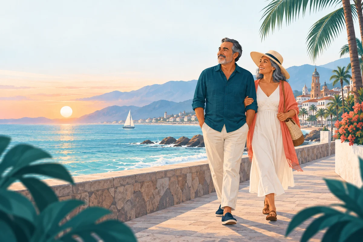 Ilustración de una pareja paseando junto al mar en Puerto Vallarta