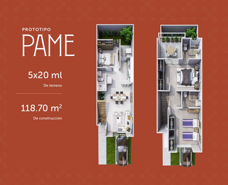 Plano del prototipo PAME: terreno de 5 por 20 metros y 118.70 m² de construcción en dos niveles con terraza