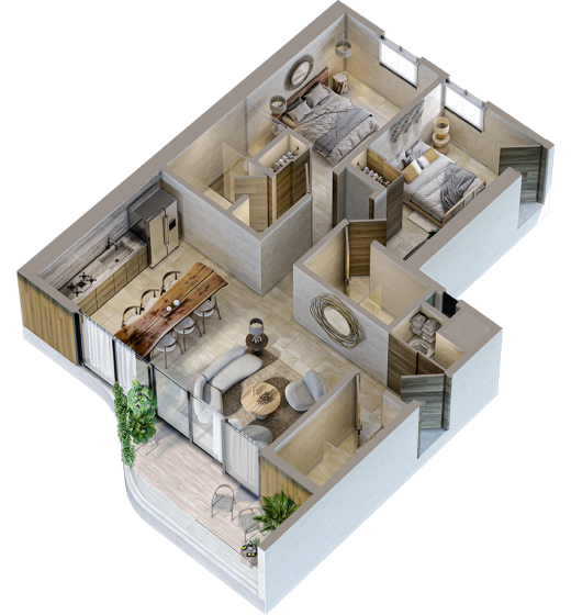 EVA 2 recámaras · 3 baños: distribución completa
