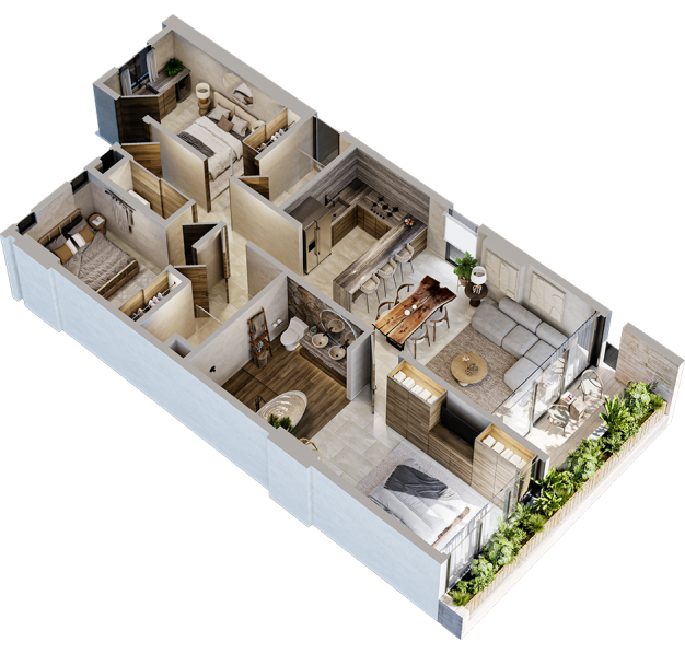 EVA 3 recámaras · 3 baños: distribución completa