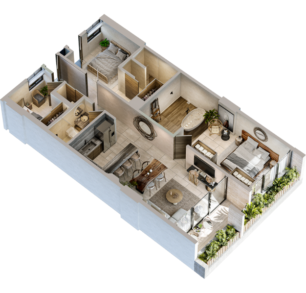 EVA 2 recámaras + FLEX · 3 baños: distribución completa