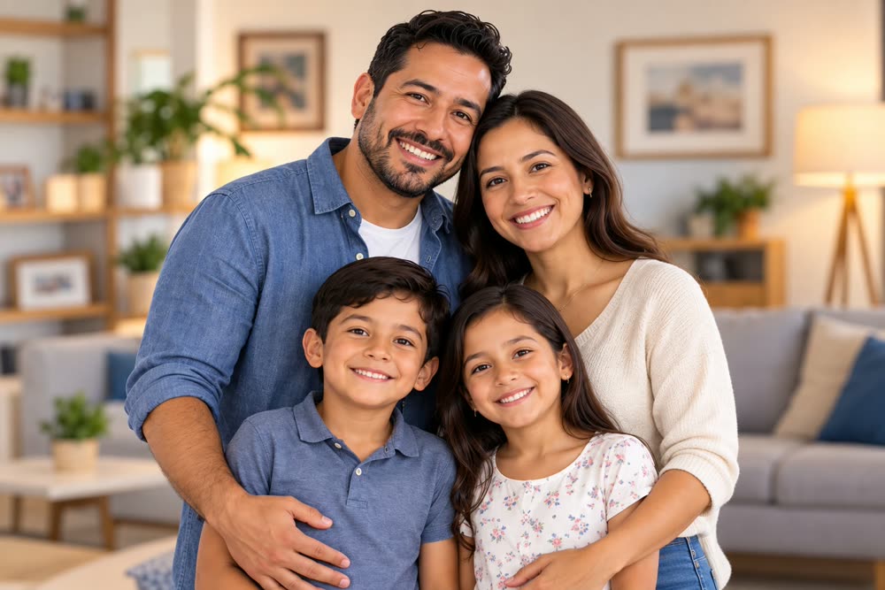 Familia sonriente y tranquila en casa