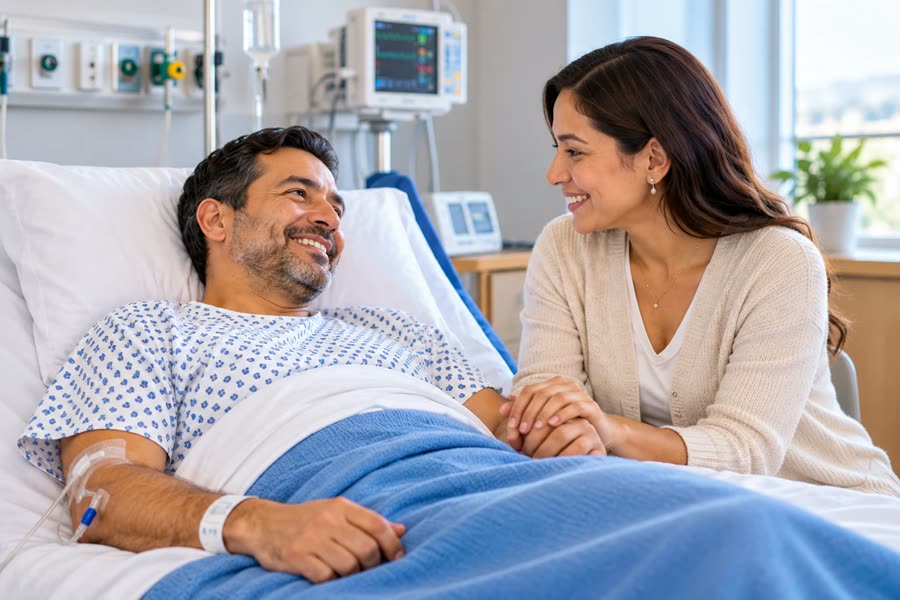 Paciente acompañado por un familiar en el hospital