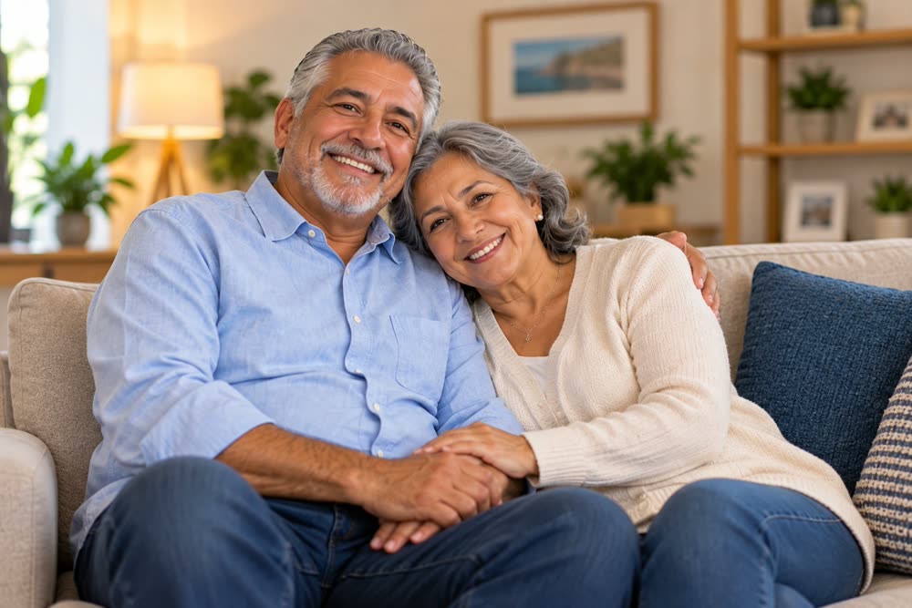 Pareja de adultos mayores tranquila en su casa