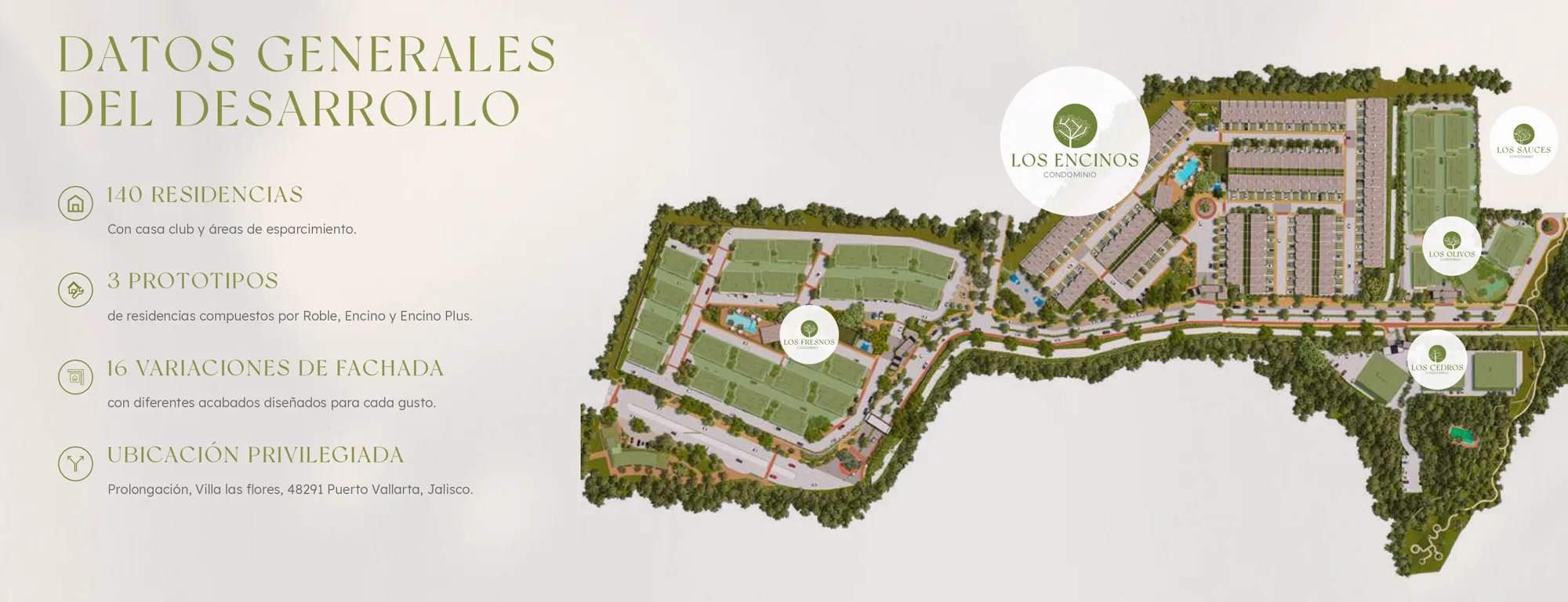 Plano general de Vivento Hábitat Natural con la ubicación del condominio Los Encinos y datos generales del desarrollo