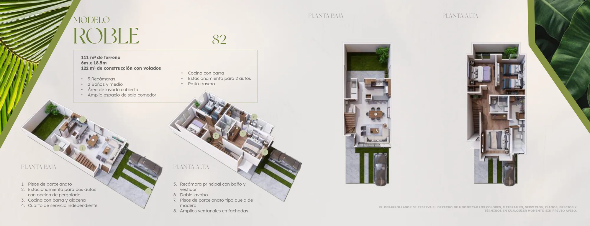 Plano del modelo Roble: 111 m² de terreno de 6 por 18.5 metros y 122 m² de construcción