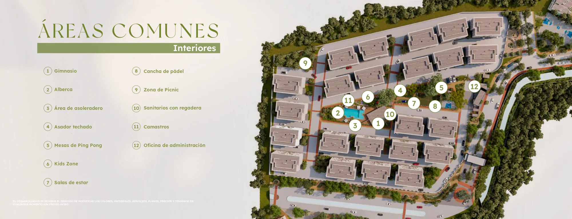 Plano de áreas comunes interiores de Vivento Los Fresnos con 12 amenidades numeradas