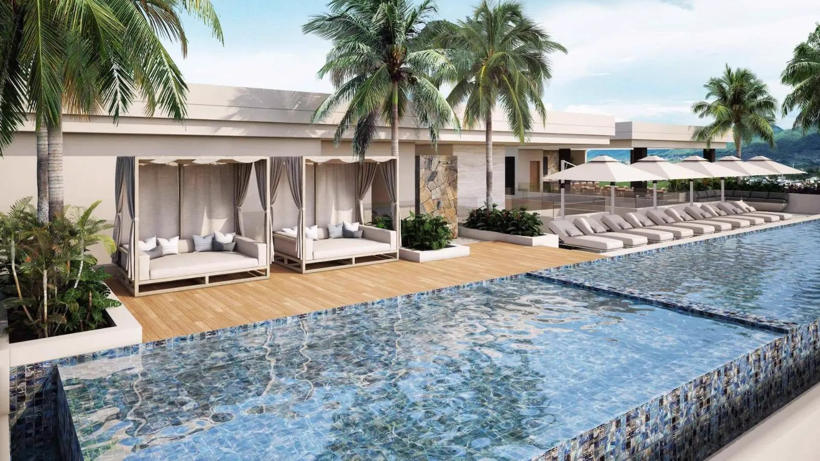 Render de cabañas de descanso junto a la alberca infinita del rooftop