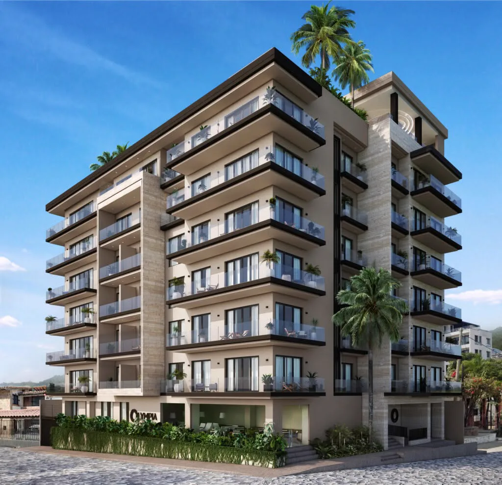 Render de la fachada de Olympia con balcones y palmeras en el rooftop