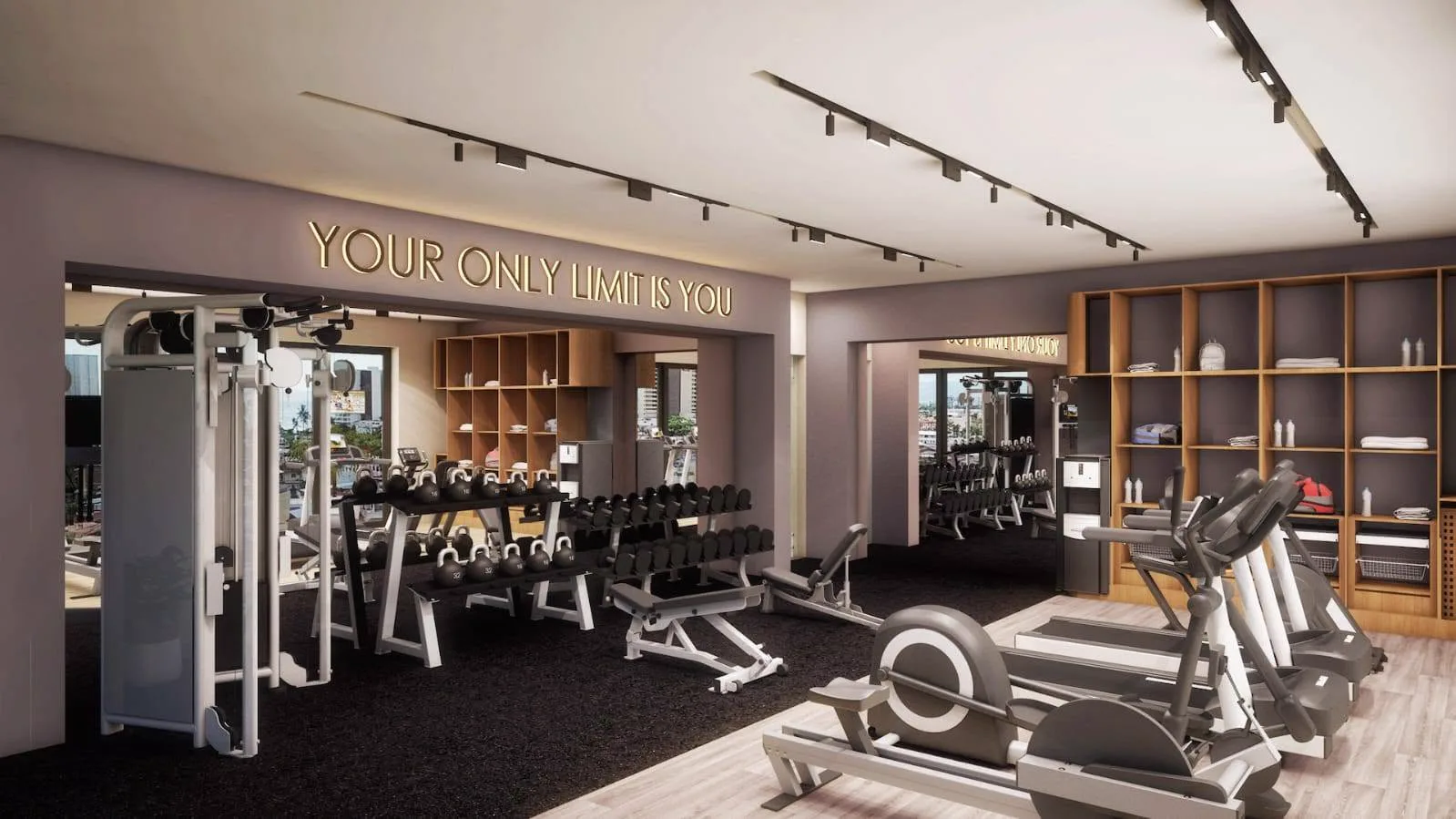 Render del gimnasio equipado con la frase "Your only limit is you"