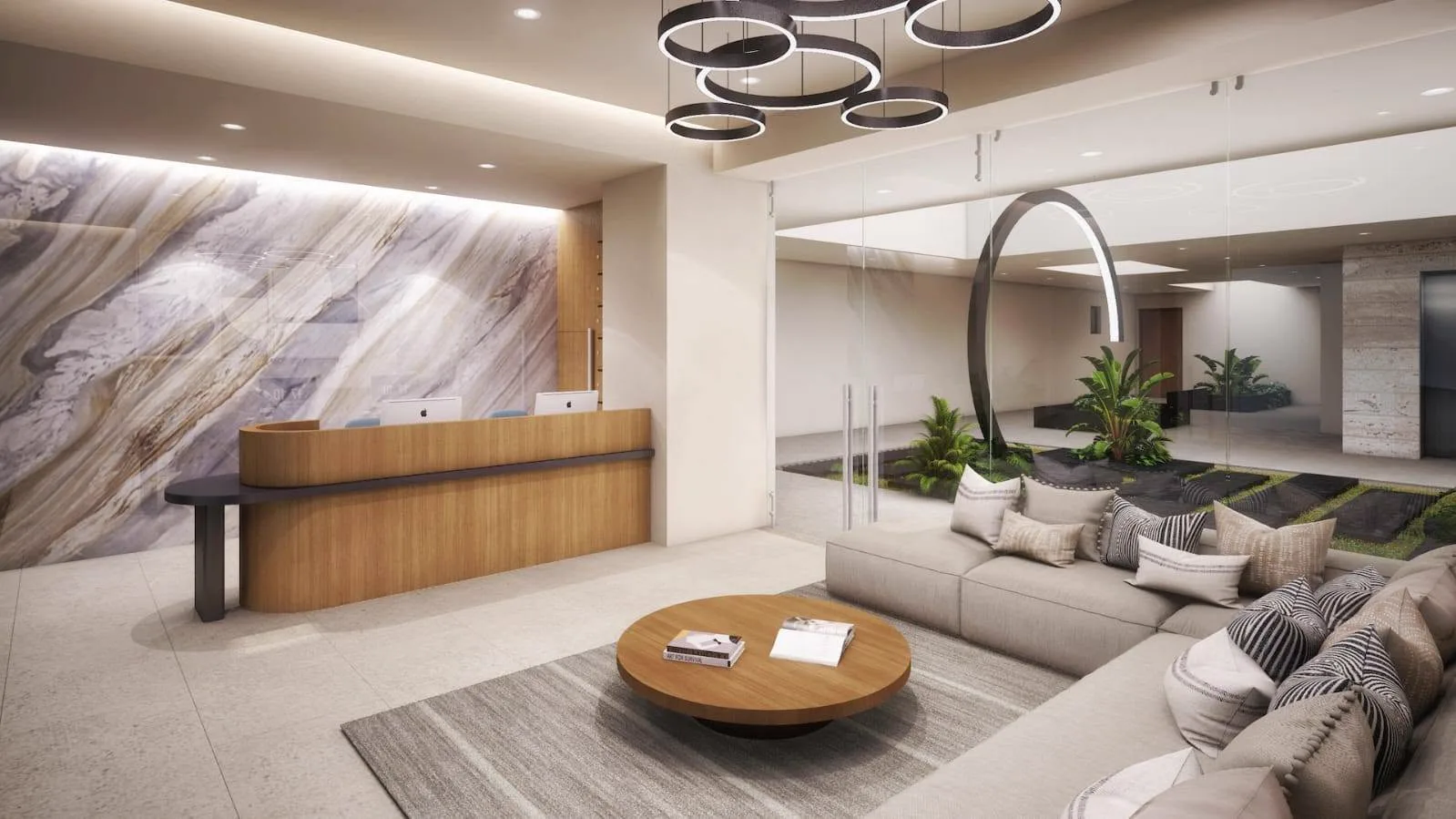 Render del lobby con recepción de madera y sala de espera