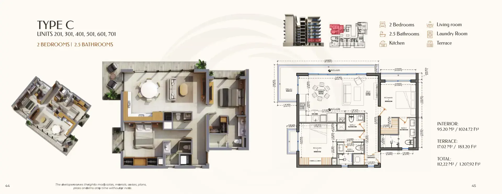 Plano del tipo C de Olympia: 2 recámaras, 2.5 baños y 112.22 m² con sala, comedor, cocina, lavandería y terraza