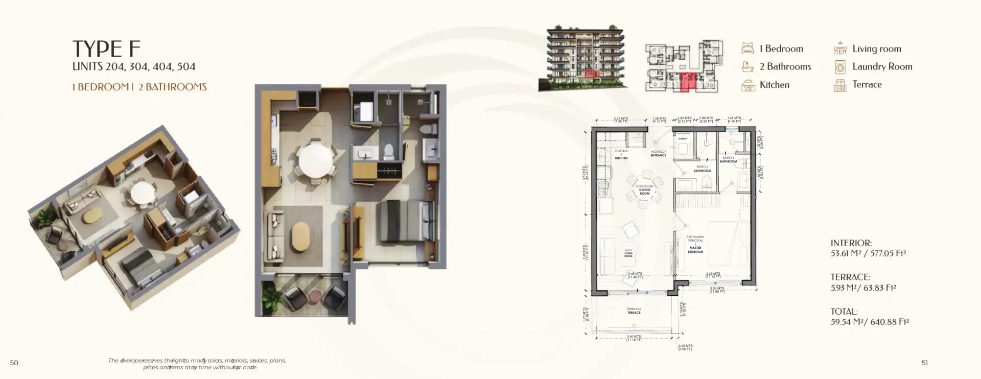 Plano del tipo F de Olympia: 1 recámara, 2 baños y 59.54 m² con sala, comedor, cocina, lavandería y terraza