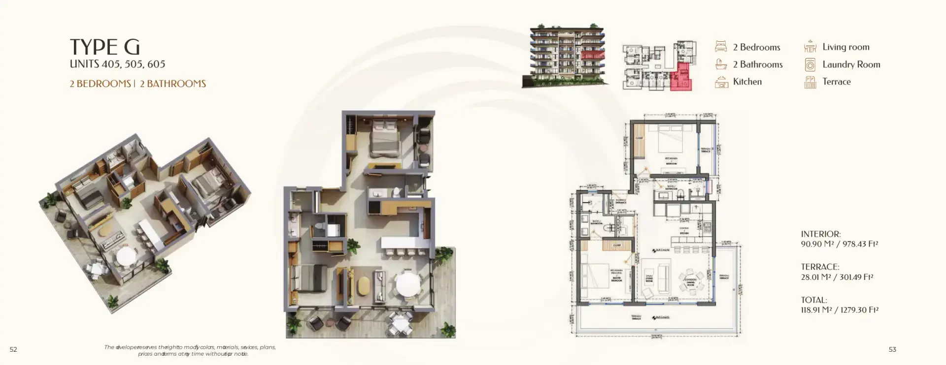 Plano del tipo G de Olympia: 2 recámaras, 2 baños y 118.91 m² con sala, comedor, cocina, lavandería y terraza