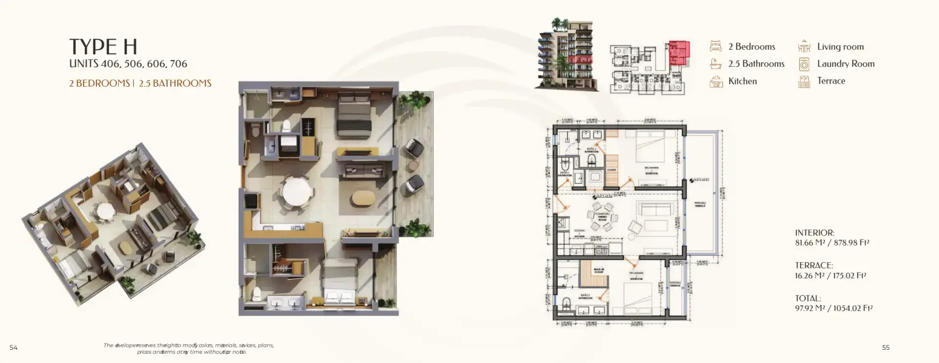 Plano del tipo H de Olympia: 2 recámaras, 2.5 baños y 97.92 m² con sala, comedor, cocina, lavandería y terraza