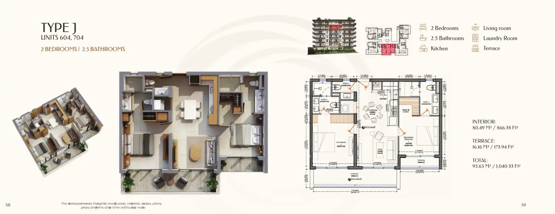 Plano del tipo J de Olympia: 2 recámaras, 2.5 baños y 96.65 m² con sala, comedor, cocina, lavandería y terraza