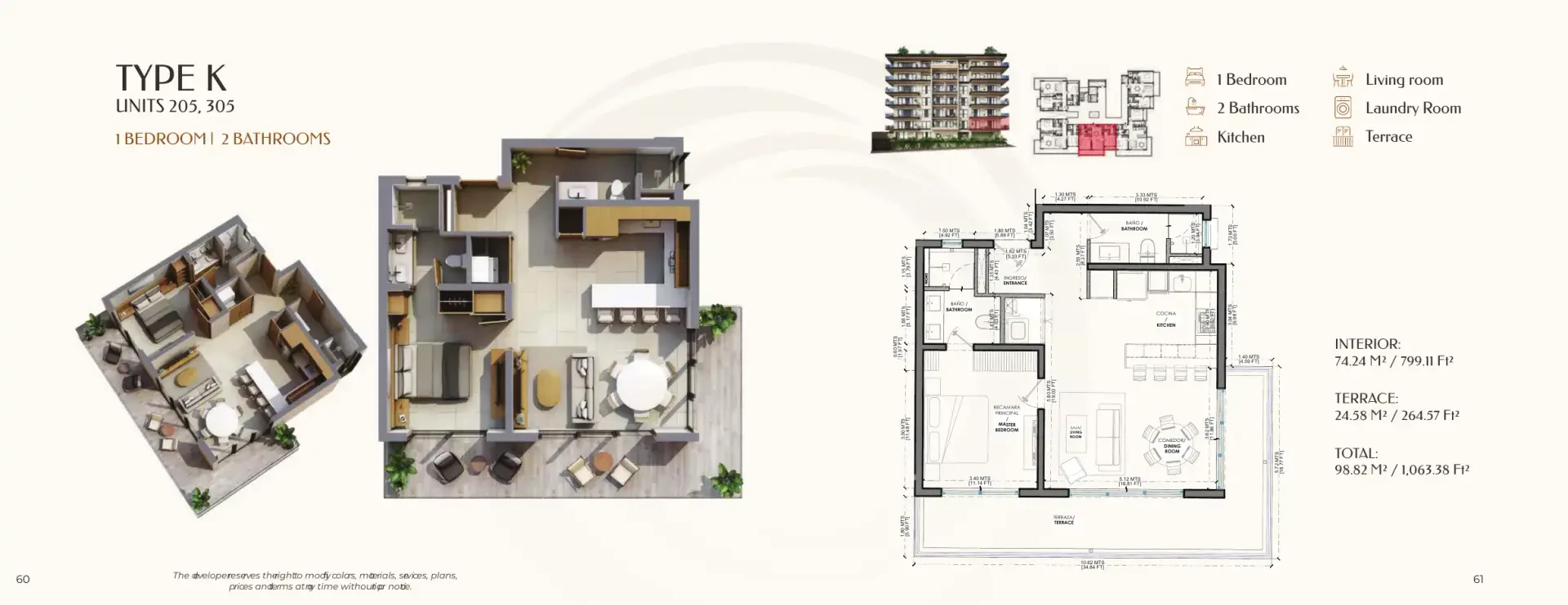 Plano del tipo K de Olympia: 1 recámara, 2 baños y 98.82 m² con sala, comedor, cocina, lavandería y terraza