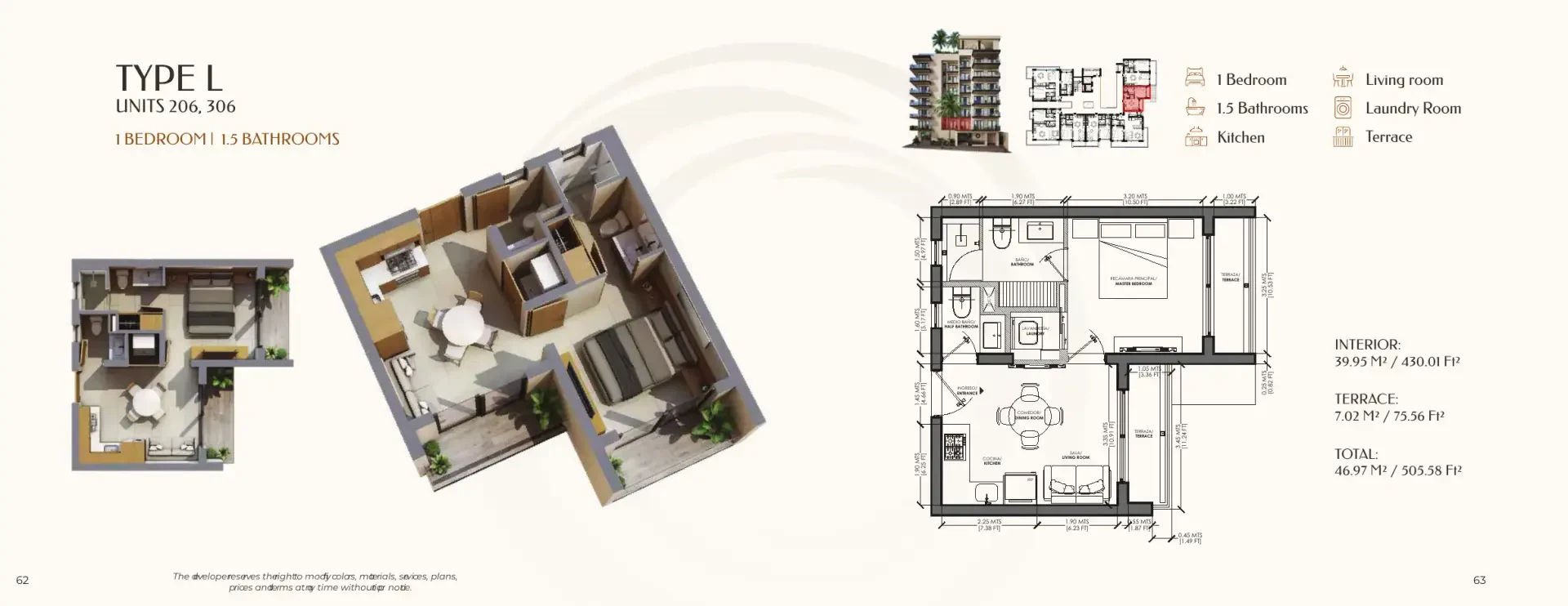 Plano del tipo L de Olympia: 1 recámara, 1.5 baños y 46.97 m² con sala, comedor, cocina, lavandería y terraza