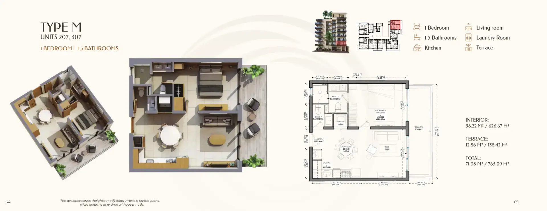 Plano del tipo M de Olympia: 1 recámara, 1.5 baños y 71.08 m² con sala, comedor, cocina, lavandería y terraza