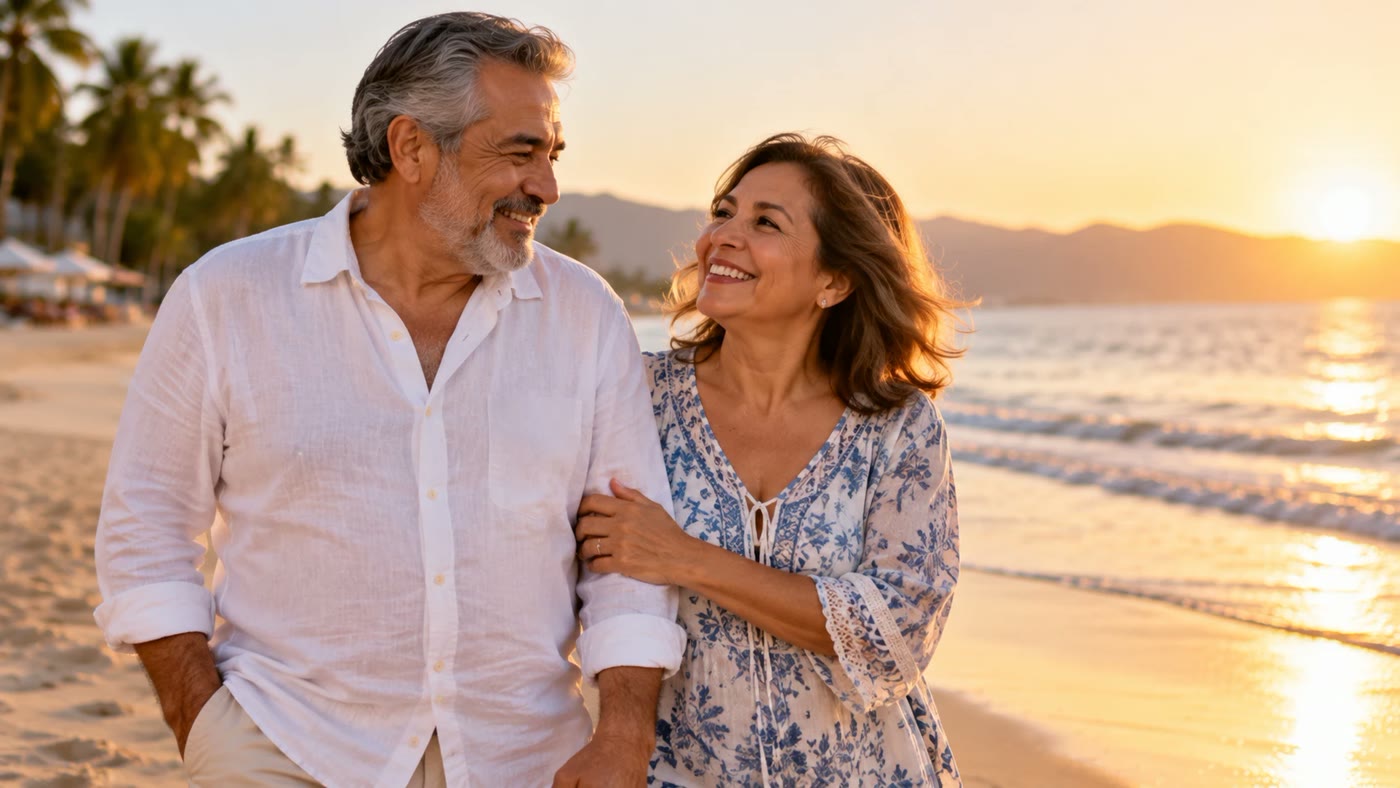 Pareja de adultos mayores disfrutando su retiro con tranquilidad en la playa
