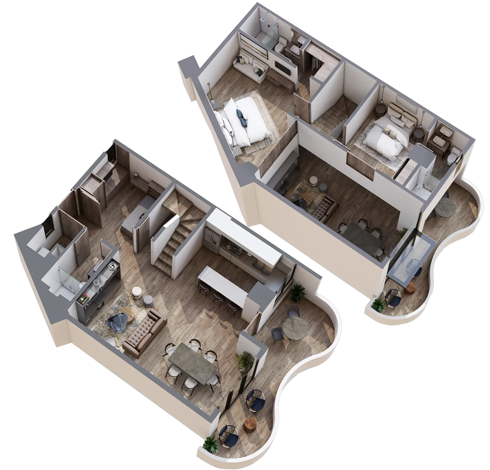 Plano en 3D del Tipo 01 de Valarte, dúplex de dos niveles con 2 recámaras, 3 baños y cuarto flex