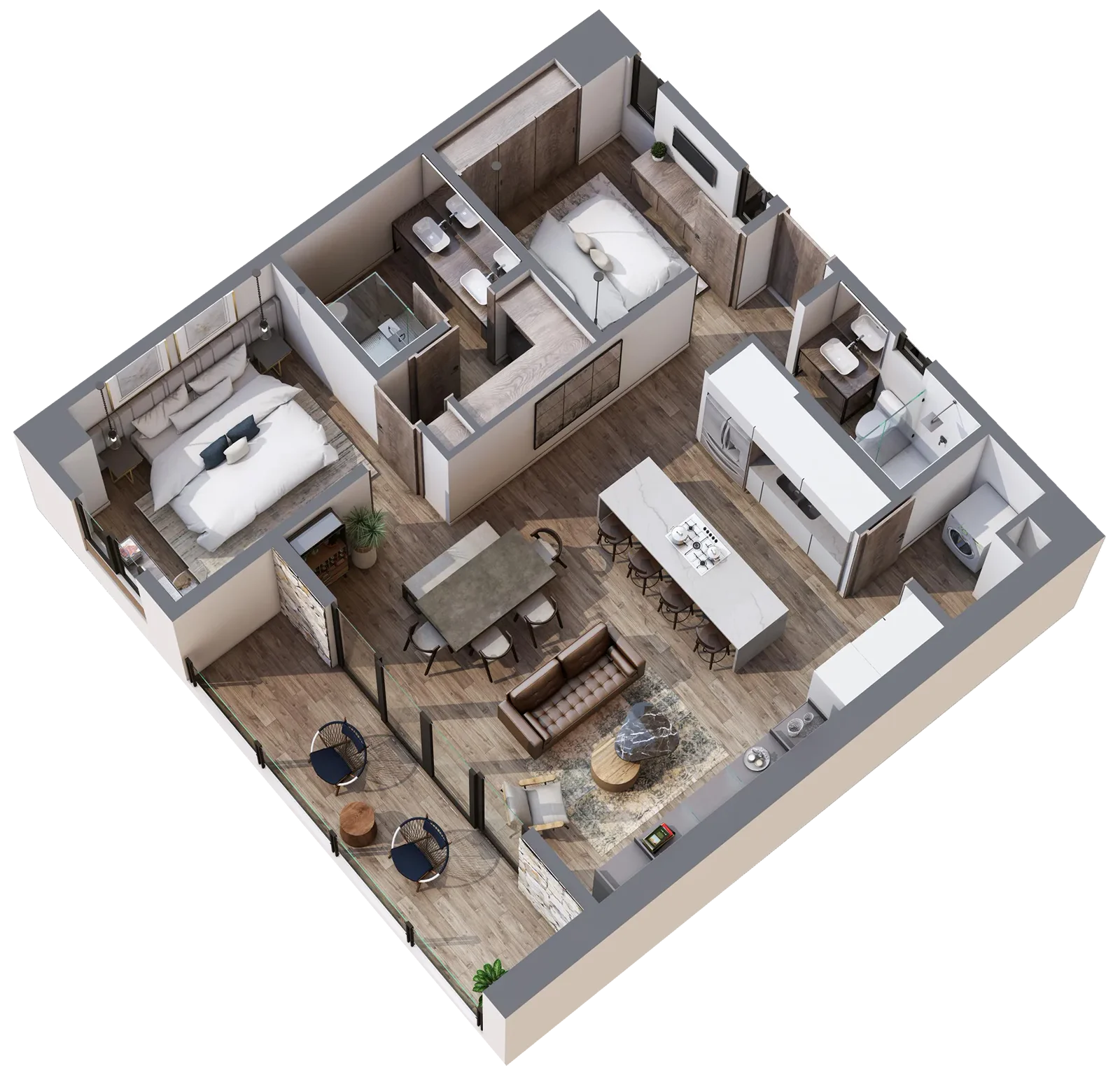 Plano en 3D del Tipo 07A de Valarte con 2 recámaras, 2 baños, cocina con isla, sala y comedor
