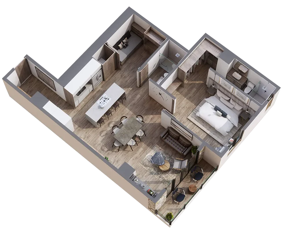 Plano en 3D del Tipo 08A de Valarte con 1 recámara, cuarto flex, 2 baños y cocina con isla