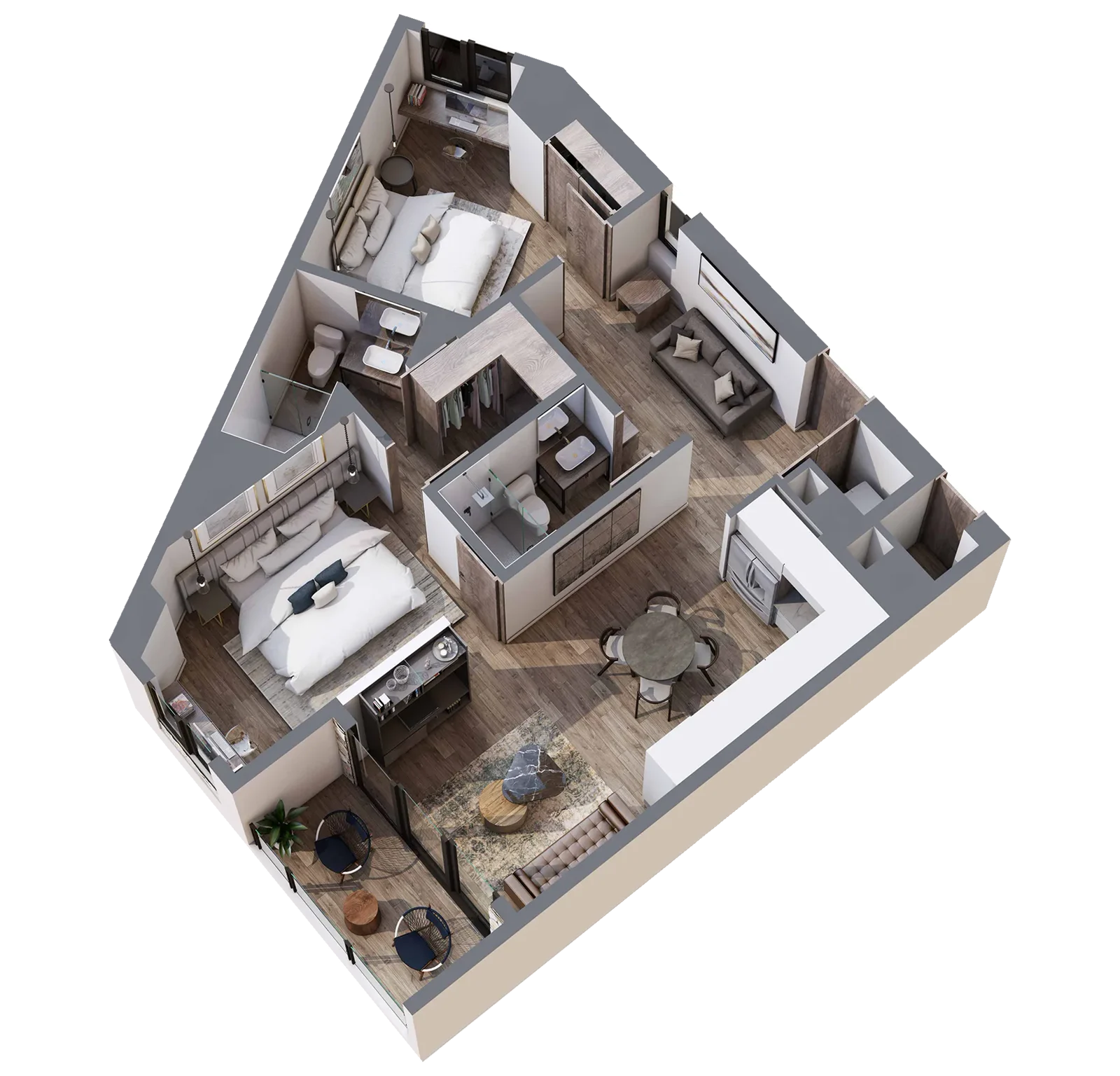 Plano en 3D del Tipo 09 de Valarte con 2 recámaras, 2 baños, cocina en L y sala comedor