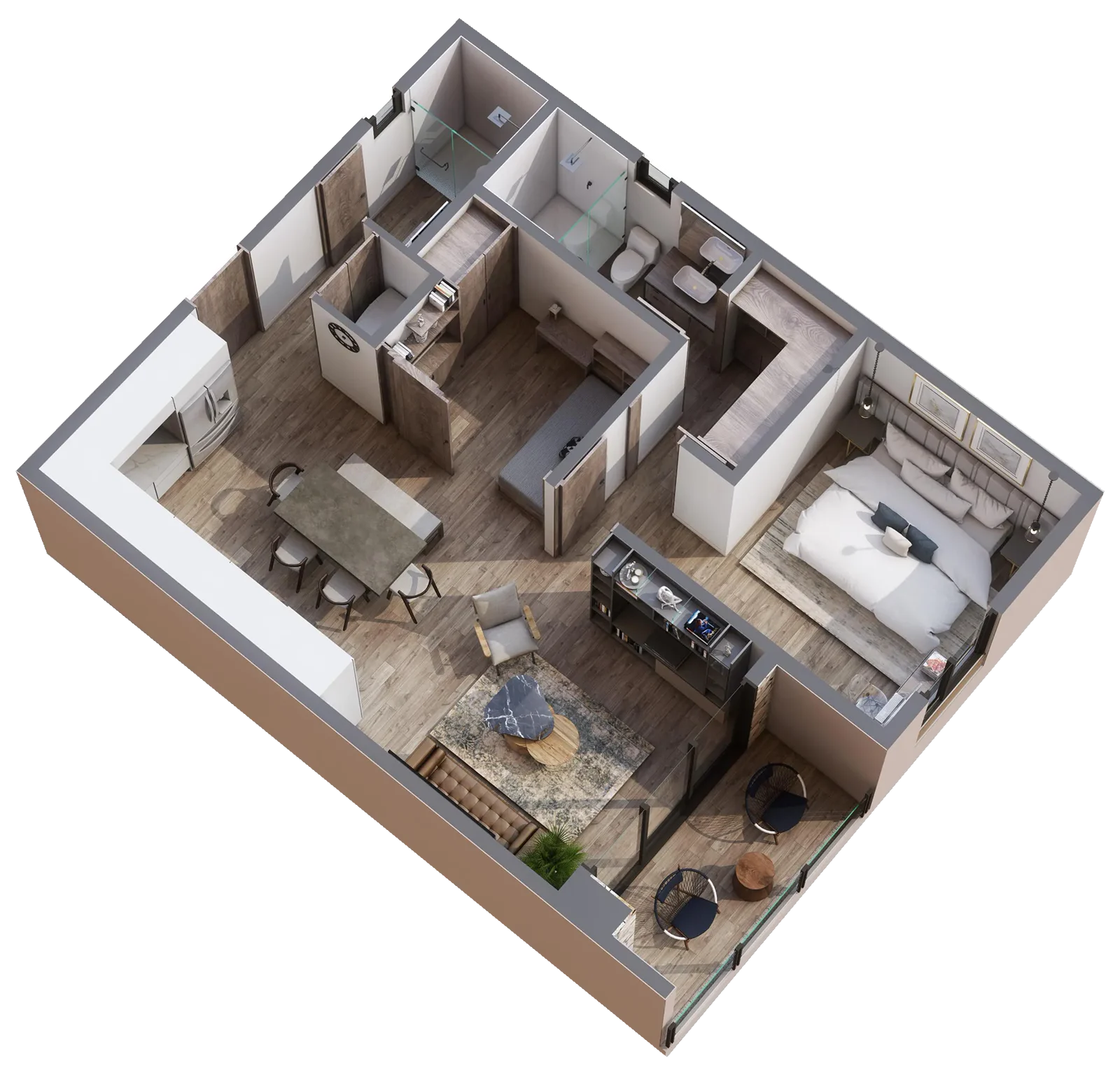 Plano en 3D del Tipo 11 de Valarte con 1 recámara, cuarto flex, 2 baños y cocina con isla