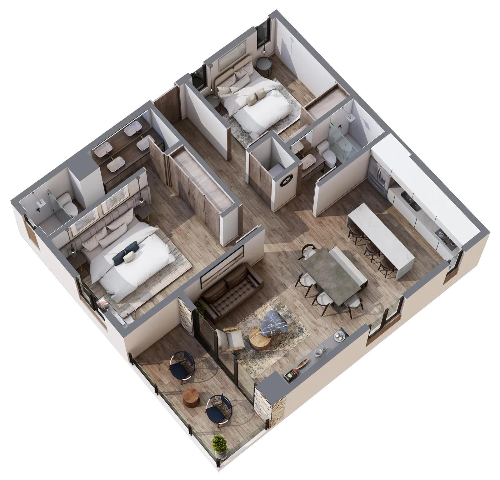 Plano en 3D del Tipo 12B de Valarte con 2 recámaras, 2 baños, cocina con isla y comedor