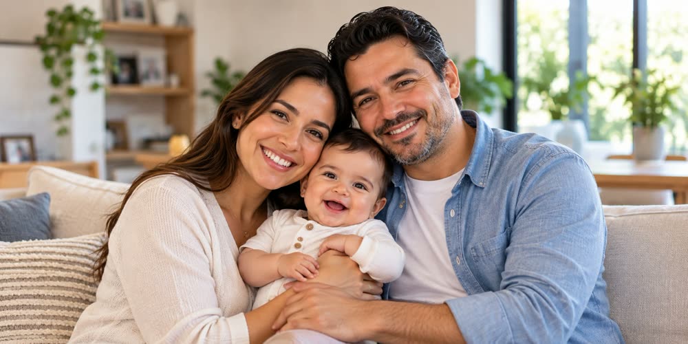 Padres mexicanos sonriendo con su bebé en brazos