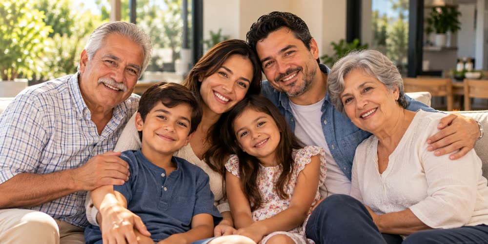 Varias generaciones de una familia mexicana reunidas y sonriendo