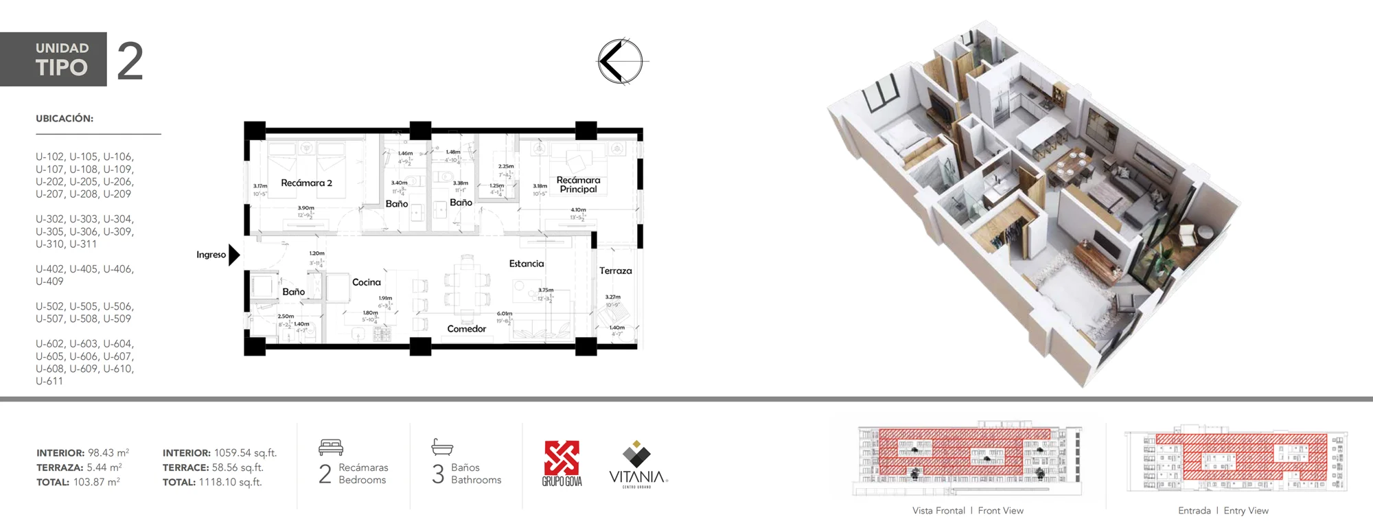 Plano del Tipo 2 de Vitania con su distribución, vista en 3D y superficies: 2 recámaras · 3 baños, 103.87 m²