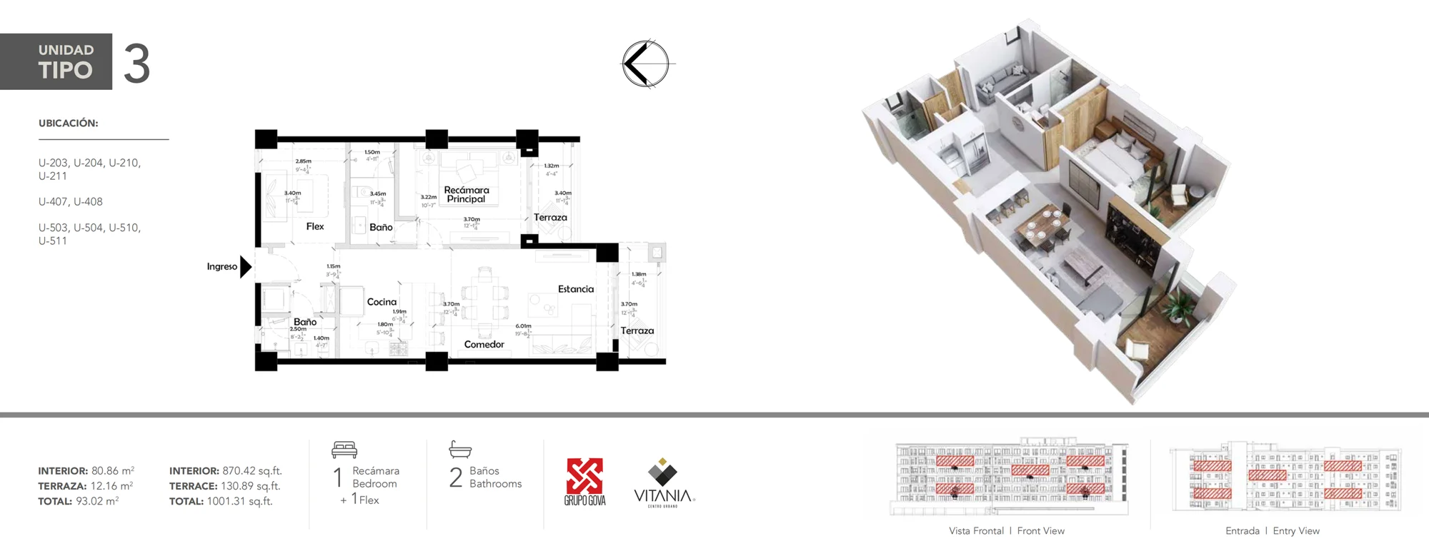 Plano del Tipo 3 de Vitania con su distribución, vista en 3D y superficies: 1 recámara + flex · 2 baños, 93.02 m²