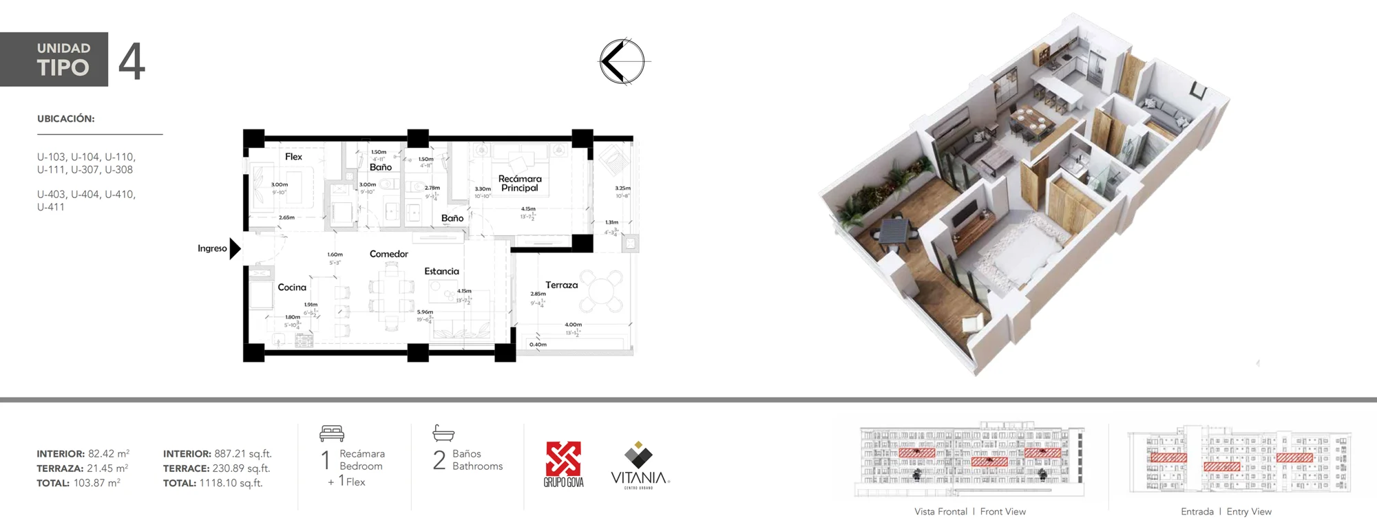 Plano del Tipo 4 de Vitania con su distribución, vista en 3D y superficies: 1 recámara + flex · 2 baños, 103.87 m²