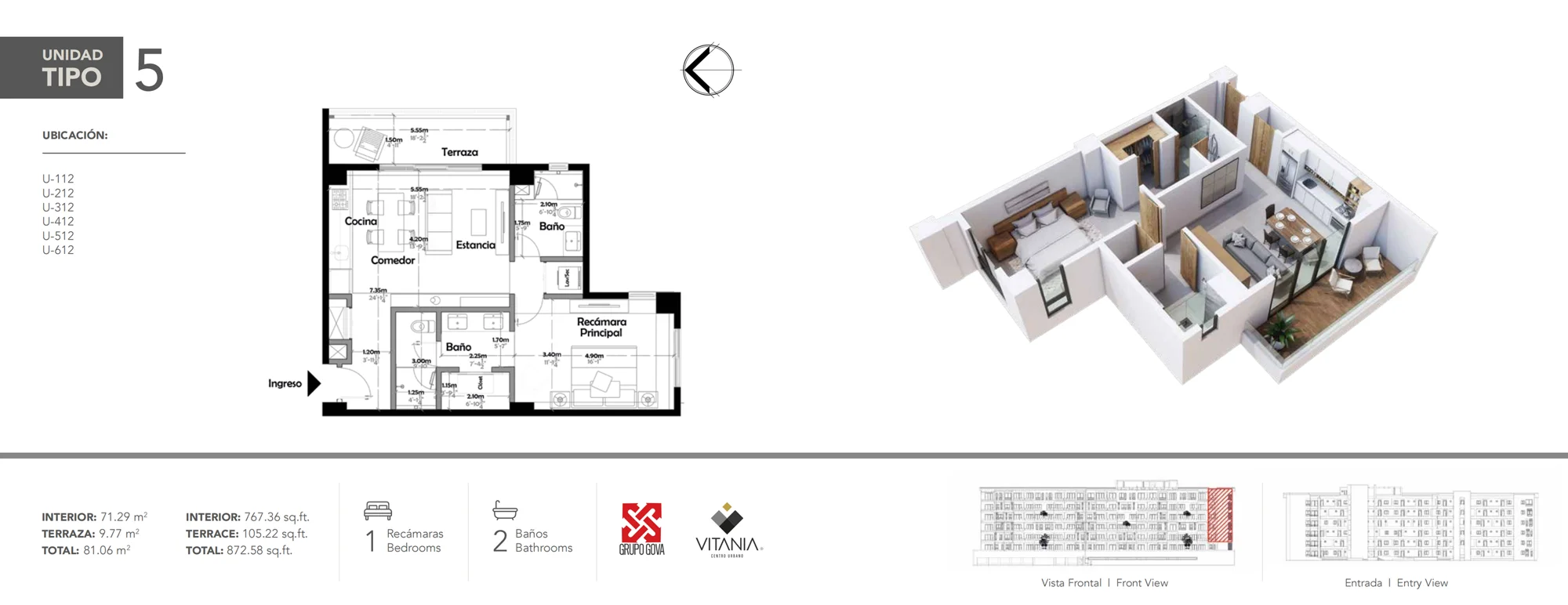 Plano del Tipo 5 de Vitania con su distribución, vista en 3D y superficies: 1 recámara · 2 baños, 81.06 m²