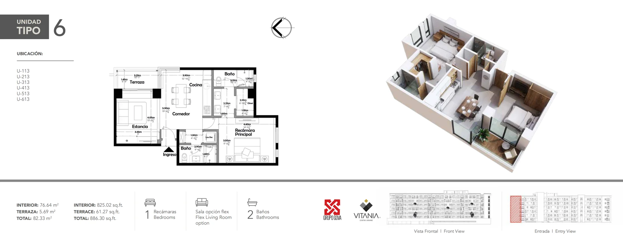 Plano del Tipo 6 de Vitania con su distribución, vista en 3D y superficies: 1 recámara · 2 baños, 82.33 m²