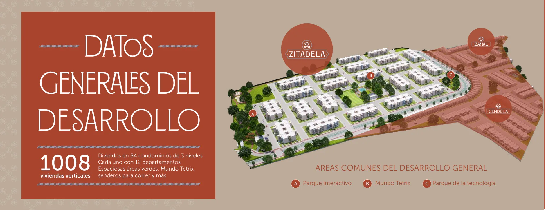 Plano general de Zitadela con las áreas comunes del desarrollo y sus 1,008 viviendas